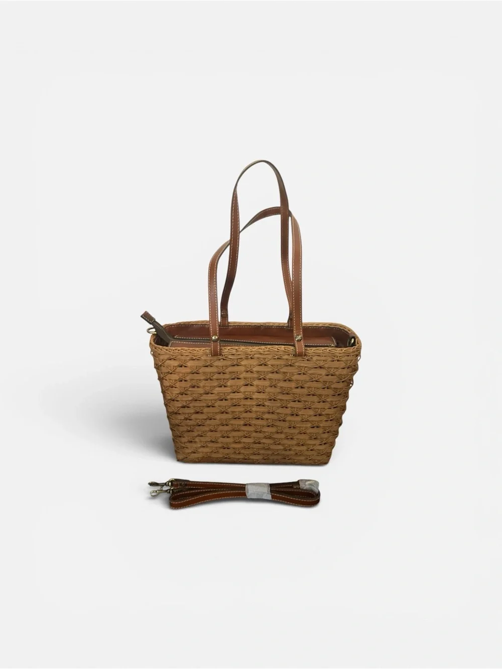 Patricia Nash Woven Straw Tote & Leather Wristlet Set Tan Basketweave Boho - Picture 7 of 13